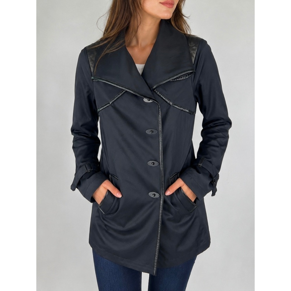 Sarah Pacini Black Leather Trim Oversized‎ Collar Jacket Coat Womens Size 0